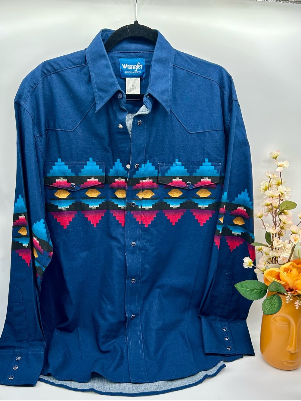 Wrangler rodeo, cowboy festival Blue Southwestern Geometric Snap Western Shirt L